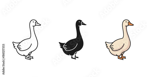 Set of three cartoon ducks in different colors on white background