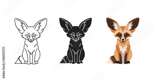 Fennec fox illustration trio: line art, silhouette, and colorful design