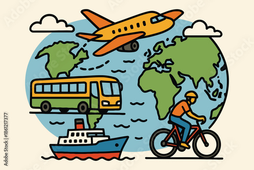 Multi modal transport illustration with airplane bus ship and bicycle on world map