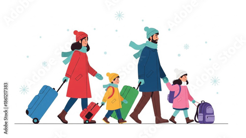 Family of four bundled in warm winter clothes, walking in a snowy landscape while pulling luggage and carrying backpacks.