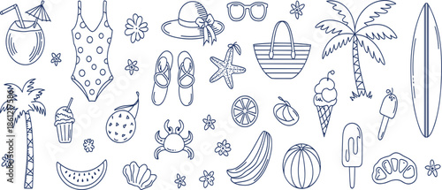 Hand drawn blue summer beach vector set with swimsuit, surfboard, palm tree, hat, sunglasses, ice cream and fruits