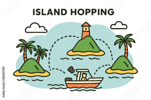 Island hopping adventure concept with a boat traveling between tropical islands