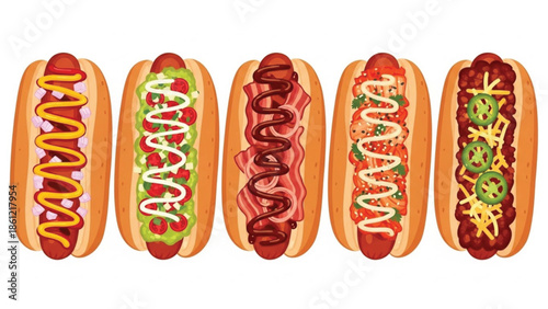 Five delicious gourmet hot dogs featuring diverse and rich toppings, showcasing a variety of fast food options and flavors.