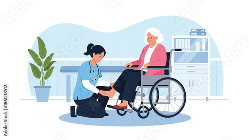 Compassionate nurse or physical therapist providing rehabilitation and leg massage to an elderly woman in a wheelchair in a medical clinic.
