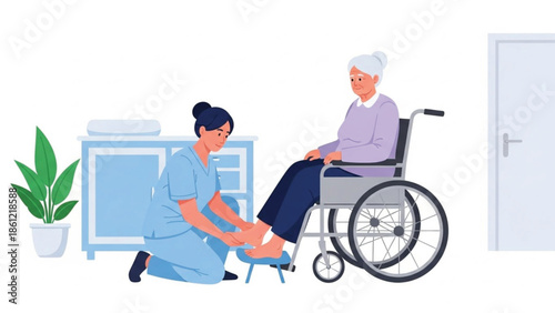 Caring nurse or caregiver providing attentive foot care or massage to an elderly woman comfortably seated in a wheelchair at home.