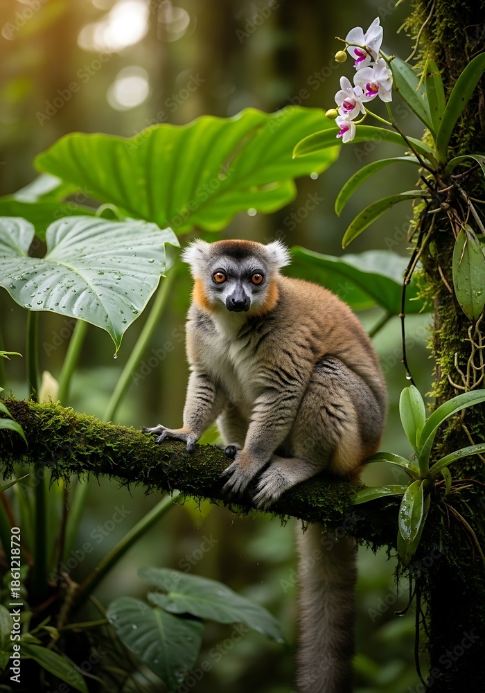 Fototapeta premium Red-fronted Brown Lemur Perched in Lush Madagascar Rainforest.