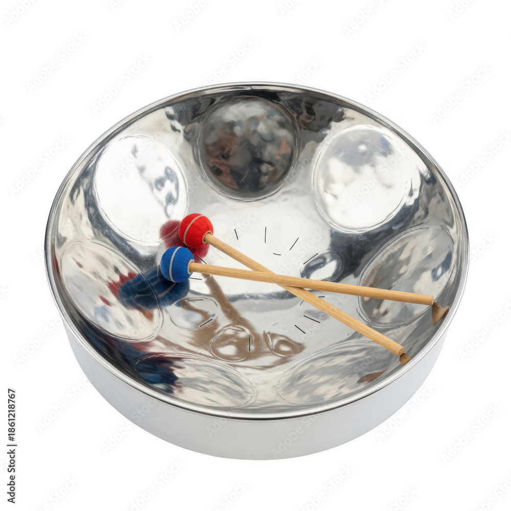 Fototapeta premium Steel drum with wooden mallets on black background