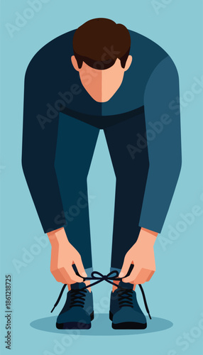 Person tying shoelaces on blue shoes against a light blue background