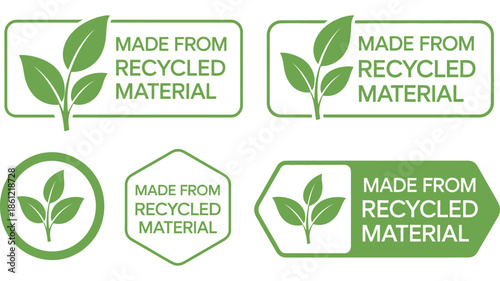 set of labels indicating products are made from recycled material, featuring green colour scheme and leaf emblem, Eco-awareness design for sustainable packaging, environmentally friendly branding.