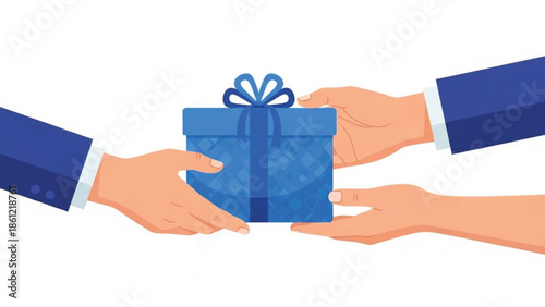Two hands, one giving and one receiving, exchanging a beautifully wrapped blue gift box with a matching blue ribbon.