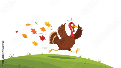 Frightened cartoon turkey running quickly up a green hill, with colorful autumn leaves scattering behind it.
