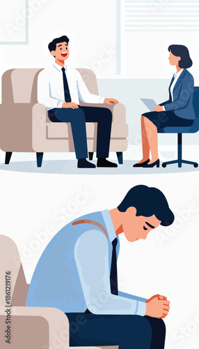 Man happily speaks with a therapist; another man looks down in despair