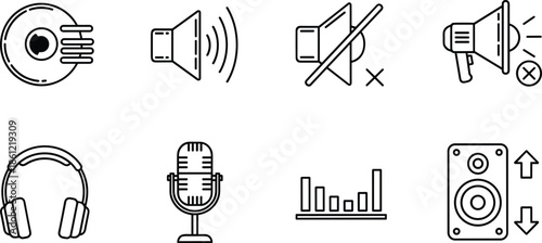 Collection of audio and sound icons including headphones microphone speakers and volume control cad drawing flat vector illustration for design