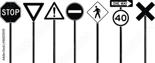 Collection of black and white road traffic signs including stop yield and speed limit icons cad drawing flat vector illustration