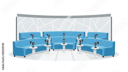 Expansive modern podcast or talk show studio setup with multiple blue sofas and microphones arranged for a group discussion.