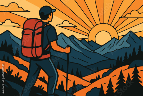 Hiker with red backpack watching the sunrise over a mountain range