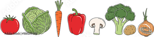 Collection of colorful fresh vegetable icons including tomato cabbage carrot pepper mushroom broccoli and onion cad drawing flat vector illustration set