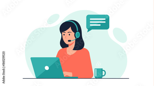 Dedicated customer service representative with headset and laptop providing online support, depicted in a friendly flat vector illustration for business communication