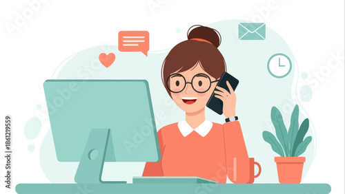 Productive remote work concept with a happy woman multitasking on phone and computer, presented as a vibrant flat vector illustration