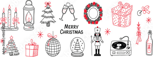Hand drawn Christmas vector set with holiday tree, festive wreath, gift boxes, candles, nutcracker and winter celebration icons