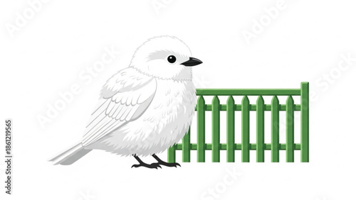 Adorable fluffy white bird with striking black eyes and beak, standing gracefully beside a charming green picket fence.