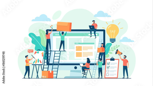 Collaborative Web Development and UI/UX Design Process on a Large Monitor, a Dynamic Flat Vector Illustration for Digital Business and Innovation Solutions