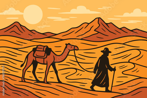 Illustration of a man leading a camel across sand dunes in a vast desert at sunset