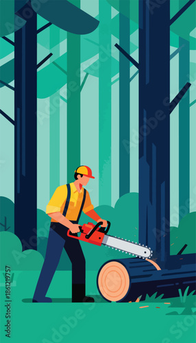 A person in protective gear uses a chainsaw to cut a log in a stylized forest