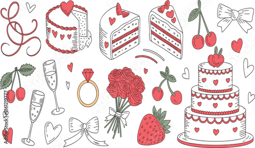 Hand drawn romantic vector set with wedding cake, tiered cake, champagne glasses, flower bouquet, engagement ring and hearts