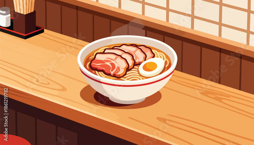 A steaming bowl of ramen with sliced pork and egg sits on a wooden counter