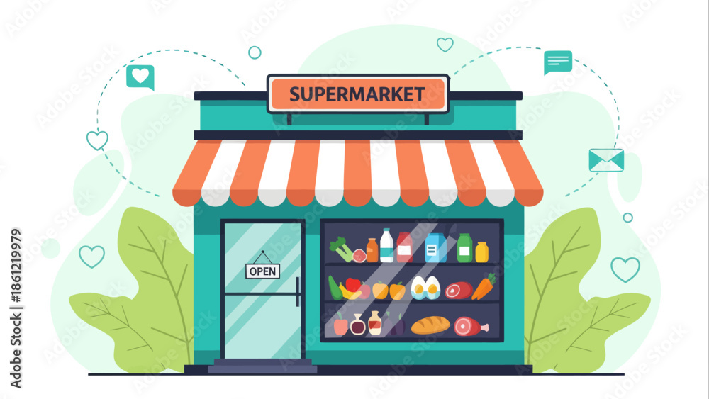Fototapeta premium Flat vector illustration of a vibrant supermarket store front, showcasing fresh produce and groceries inside, symbolizing retail commerce and everyday shopping convenience