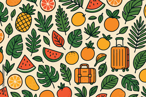 Seamless pattern with travel suitcases and tropical fruits and leaves illustration