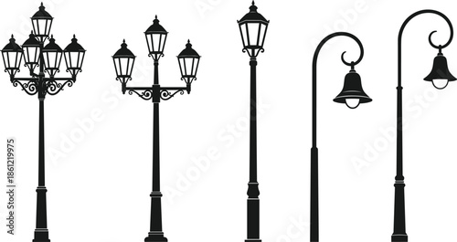 Vintage Street Lamp Silhouette Collection Featuring Ornate Victorian Lanterns Garden Light Posts and Classic Urban Wrought Iron Outdoor Lighting Fixture Icons