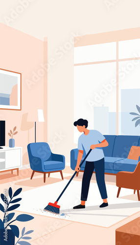 Person sweeps debris from floor in a modern living room with furniture and plants