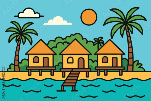 Luxury tropical water bungalows on the beach with palm trees illustration