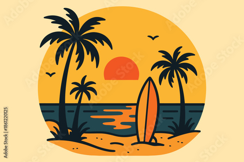 Surfboard on a Tropical Beach at Sunset with Palm Trees