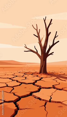 Arid landscape with a solitary dead tree on cracked earth under a pale sky