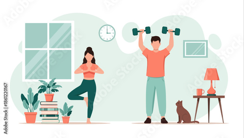 Man and woman exercising at home, healthy lifestyle flat vector illustration