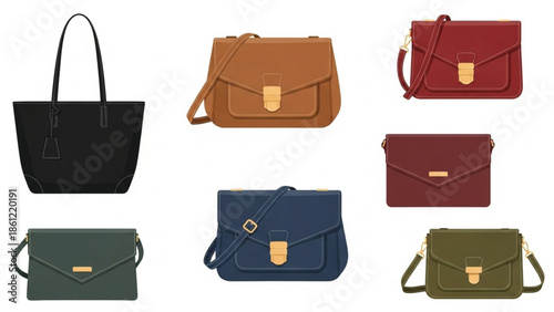 Diverse collection of stylish women's handbags, including a black tote and various colored messenger bags, showcasing fashion accessories.