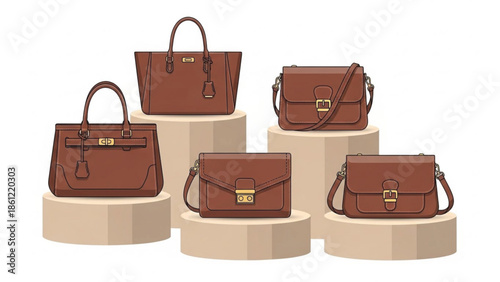 Elegant display of various brown women's handbags, including tote and messenger styles, arranged on elevated pedestals in a boutique.