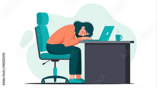 Flat vector illustration of an exhausted person sleeping at a desk with a laptop and a coffee mug