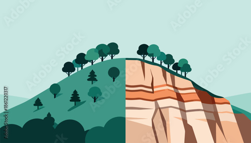 Stylized landscape with a lush green hill and a layered rock cliff
