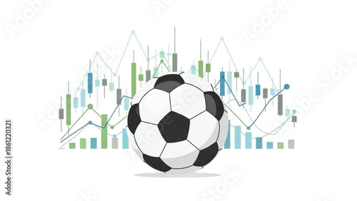 Soccer ball placed prominently in front of complex financial stock market charts and graphs, symbolizing sports betting and economics.