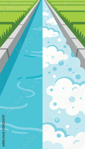 Flat design of a canal with green fields on the sides, flowing with water