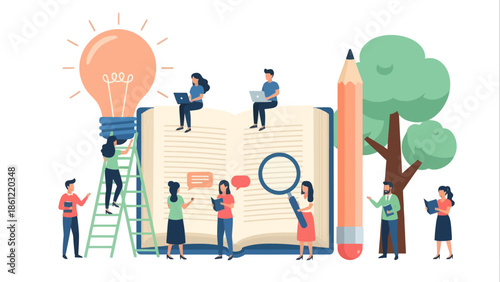 Vibrant flat vector illustration of collaborative learning, research, and knowledge acquisition with students, a giant book, lightbulb, and pencil