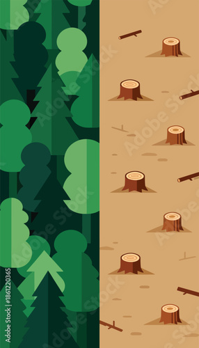 Split scene lush forest contrasts with barren land of tree stumps