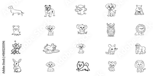Set of 20 Cute Cartoon Animal Line Icons for Children's Illustration