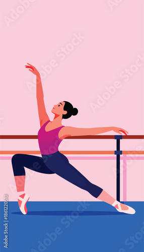 A dancer stretches gracefully at a barre in a minimalist studio