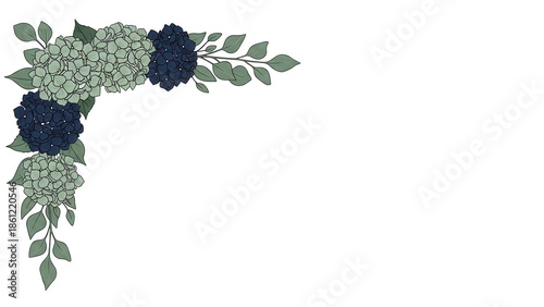 Elegant minimal floral corner border with hydrangeas and eucalyptus in sage and navy isolated on white background