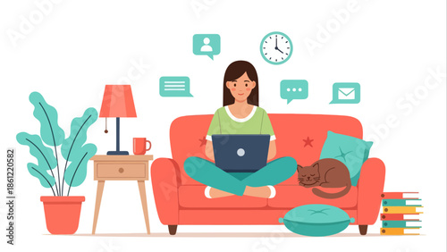 Cozy home office flat vector illustration of a woman working on a laptop while relaxing on a sofa with her cat
